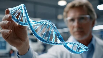 DNA strand Analysis: A focused scientist, enveloped in the glow of the lab, carefully examines a DNA strand, embodying the pursuit of scientific insight, and the intricacies of the natural world. - Powered by Adobe
