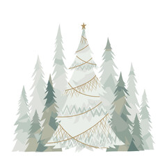 Obraz premium Decorated Christmas tree surrounded by fir trees on white background 
