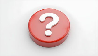 3d question mark icon on red round button or badge.3d rendering.Isolated on white background.

