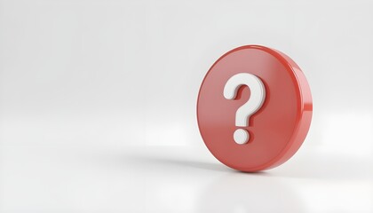 3d question mark icon on red round button or badge.3d rendering.Isolated on white background.

