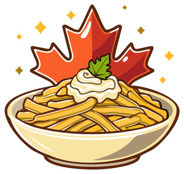 Cartoon Style Poutine Illustration with Maple Leaf. Bowl of Fries with Gravy and Cheese Curds with sparkles