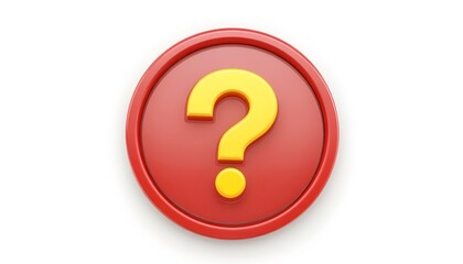 3d question mark icon on red round button or badge.3d rendering.Isolated on white background.

