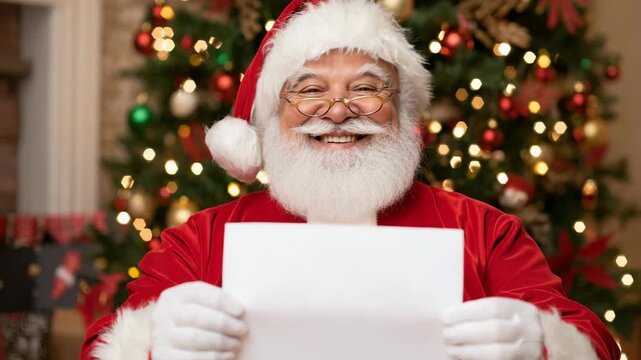Bearded man in red coat holding blank white card, festive christmas tree bokeh background, white gloves close up, holiday message space, warm golden lights, cozy indoor scene, portrait shot