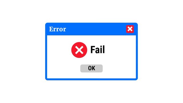 Fail alert dialog box with red cross symbol designed for software feedback screens highlighting unsuccessful actions, system errors, and blocked operations.