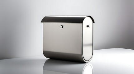 Photo of a modern stainless steel wall-mounted mailbox with a sleek minimalist design, a brushed metal finish that showcases subtle reflections.