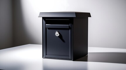 A professional photo of a residential locking mailbox with a sleek rectangular shape, matte black powder-coated metal finish, a thin horizontal front mail slot and a rounded key lock visible.