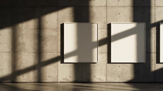 Dynamic time-lapse video showing sharp shadows slowly crawling and shifting across three large identical blank frames mounted on a textured gray exhibition wall shadows, template, frames