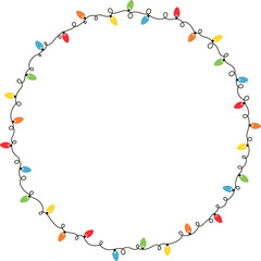 Circle frame border with festive string of colorful Christmas lights for greeting card, social post, banner, ads, vector isolated on white background