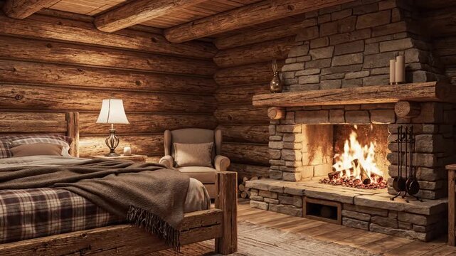 Rustic log cabin bedroom with stone fireplace, warm fire, plaid bedding, wooden beams, cozy retreat!
