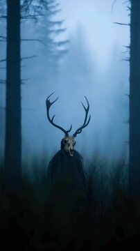Wendigo horned skull figure in dark winter forest, evil spirit in misty woods, shaman druid cloaked in fur, pagan nocturnal ritual, wiccan rite, horror fantasy creature