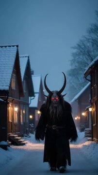 Krampus with goat horns roaming a snowy winter village at night, traditional European Christmas devil embodying dark Yule folklore pagan New Year spirits eerie midwinter legends across alpine culture