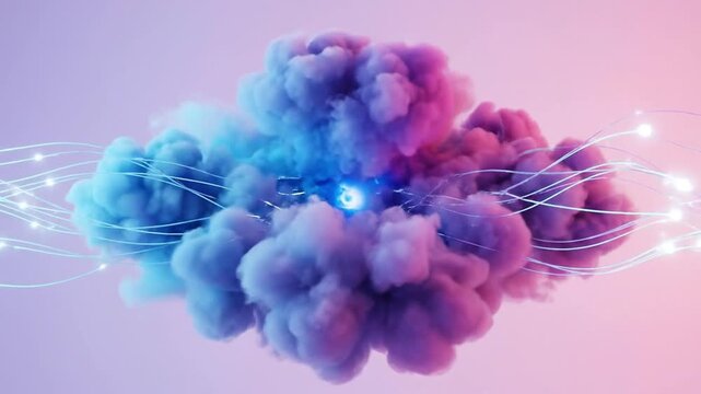 Colorful Abstract Cloud Computing Concept with Glowing Data Network, Central Core, and Digital Connectivity
