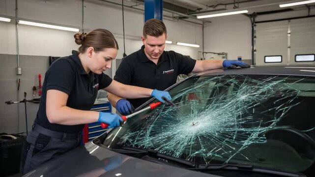 Two technicians examining and repairing a severely cracked car windshield