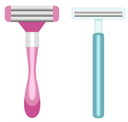 Pink razor for women's shaving and hair removal and Simple blue disposable razor for men's. flat illustration art design isolated on white background.