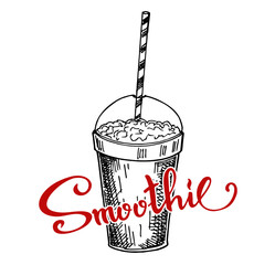 Smoothie. Superfoods and health or detox diet food concept in sketch style. Hand drawn illustration isolated on white background
