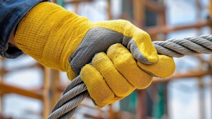 Close-up of a worker in yellow safety gloves gripping a heavy steel wire cable at a construction site.