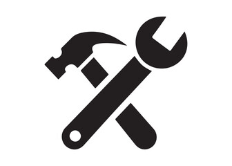 hammer and wrench logo silhouette vector, hand tool logo silhouette illustration, construction equipment logo, repair service wrench crossed over a hammer logo silhouettes vector on white background 
