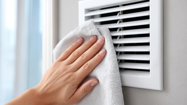 A close-up view of a person cleaning a white air ventilation register or vent grille on a wall with a soft gray rag.