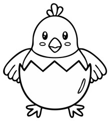 Kawaii baby chick hatching from a cracked egg line art for coloring page