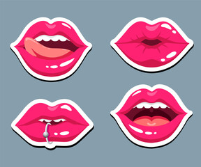 Woman s red lips stickers set. Cartoon sexy woman half open mouth with teeth and tongue sticking out. Pink lips stickers. Expressions, emotions, beauty concept