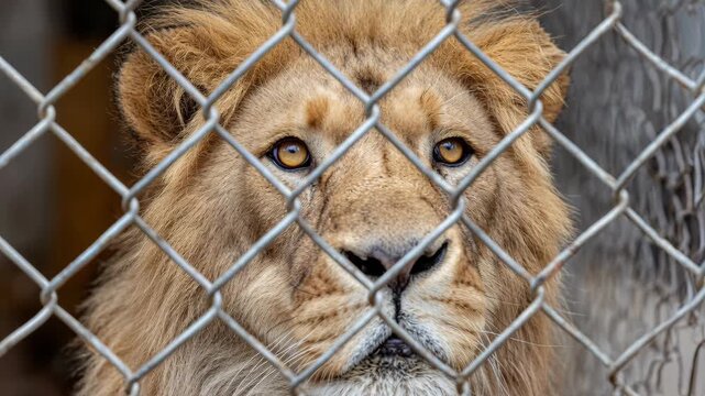 A majestic lion in captivity stares intensely through the wire fence with poignant amber eyes.