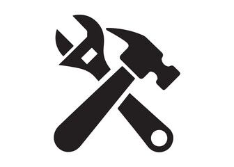 hammer and wrench logo silhouette vector, hand tool logo silhouette illustration, construction equipment logo, repair service wrench crossed over a hammer logo silhouettes vector on white background 