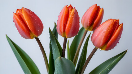 Naklejka premium Four vibrant orange red tulips covered in fresh morning dew drops stand tall against a soft light background