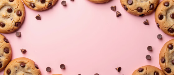 Obraz premium Delicious cookies arranged on pink background with chocolate chips scattered around, creating delightful and inviting atmosphere