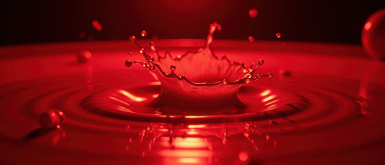 Vibrant splash of liquid creates dynamic ripples in red toned environment, showcasing beauty of motion and color