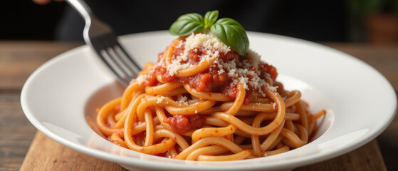 Delicious spaghetti with tomato sauce, topped with fresh basil and grated cheese, served in white bowl