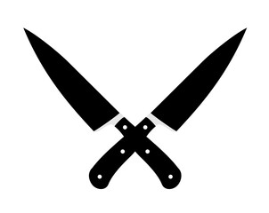 Crossed cleavers knives.  Chopping kitchen tools cross black icons, Cleaver knife stamping, lumberjack and butcher cooking logo graphics. black silhouette