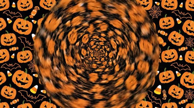 Dynamic top-down view of stylized orange and black halloween elements forming a rapidly rotating seamless pattern loop suitable for commercial backgrounds abstract, promotion, suitable