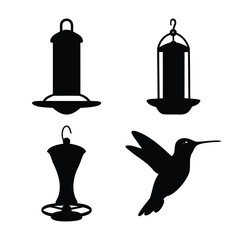 Fototapeta premium Bird feeders and flying hummingbird black silhouettes set.