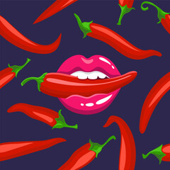 Seamless pattern or background with the image of red lips and chili peppers. Sexy red lips with chili pepper on dark background in the style of comics. Spicy food
