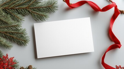 Christmas card mockup with blank paper and festive red ribbon