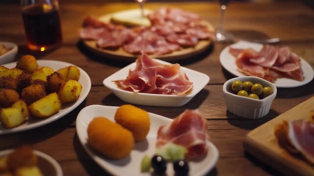 Appetizing Assortment of Spanish Tapas and Italian Antipasti on Rustic Wooden Table with Cured Meats, Olives, and Fried Delicacies in a Warm Restaurant Setting