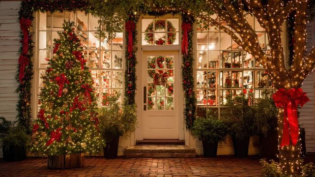 Festive Christmas tree and shop window illuminated with warm lights decorated with red bows and garlands