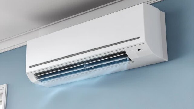 Modern white air conditioner unit mounted on a light blue wall circulating cool air in a room.