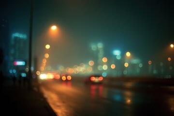 Obraz premium The hazy city lights create a captivating urban vista, with a soft bokeh effect, capturing the lively energy of the nighttime streetscape in a dreamy, unfocused manner.