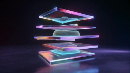 Abstract 3D holographic render of data layers with glowing organic shapes in futuristic glass prisms showcasing advanced technology and digital visualization - Powered by Adobe