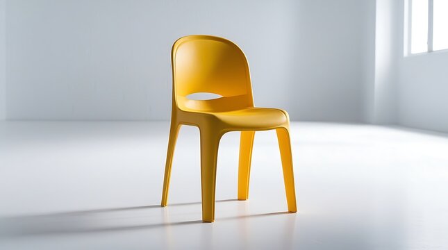 Plastic molded chair with a smooth polypropylene texture, vibrant bright color such as a pop of orange or yellow, stackable design featuring curved lines and a minimalist aesthetic.