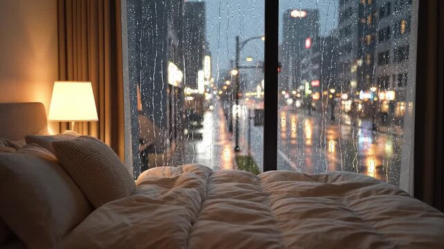 Cozy bedroom with rumpled sheets, warm lamp glow, rain, on a city window, and soft twinkling lights