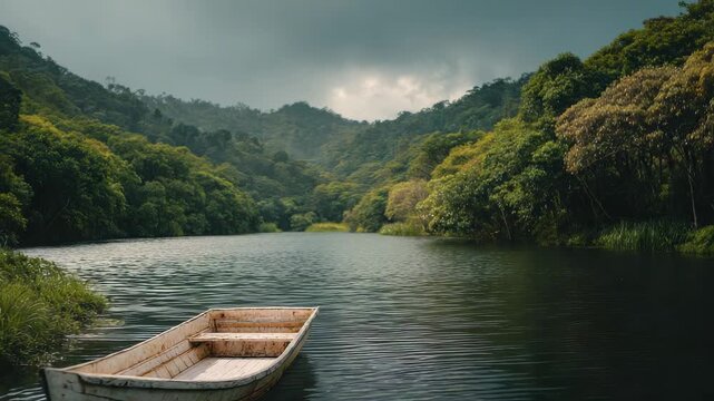 An empty rowboat floats on a calm lake surrounded by lush green mountains and trees under a cloudy sky