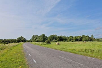 Two-lane asphalt rural road surrounded by green, bushes and trees, is sunny summer weather with a bright blue sky and some white clouds, Karuste, Saaremaa, Estonia.