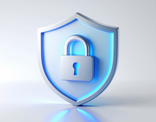Metallic shield with glowing blue outline and padlock symbol in center, representing cybersecurity, data protection, secure access, and modern digital privacy concepts.