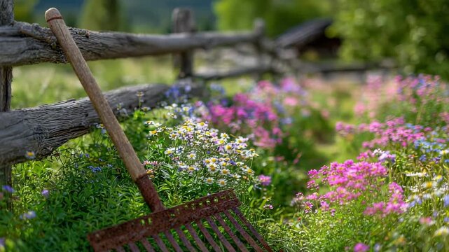An old rusty rake rests against a rustic wooden fence amidst a vibrant meadow of blooming wildflowers