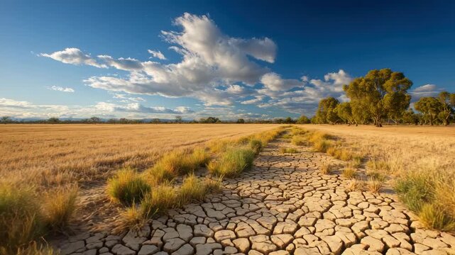 Arid cracked earth pathway through dry golden field under blue cloudy sky with gum trees