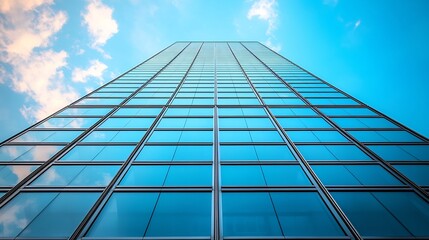 Angle View of Futuristic Office Tower Architecture With Repetitive Glass and Steel Modules Under a Bright Sky Background