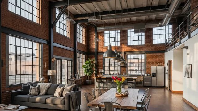 Spacious Industrial Loft Apartment with Brick Walls, Large and Modern Kitchen in Golden Hour Light