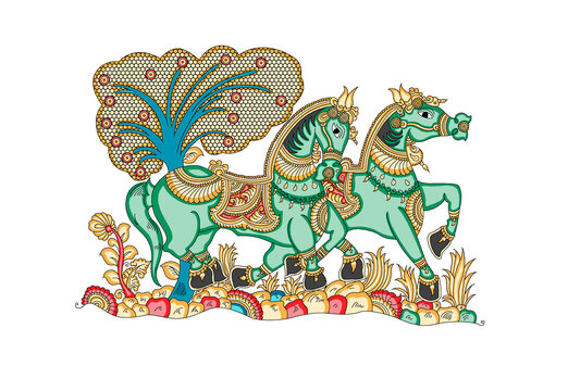 Traditional Indian Folk Art Horses Illustration in Madhubani Style....